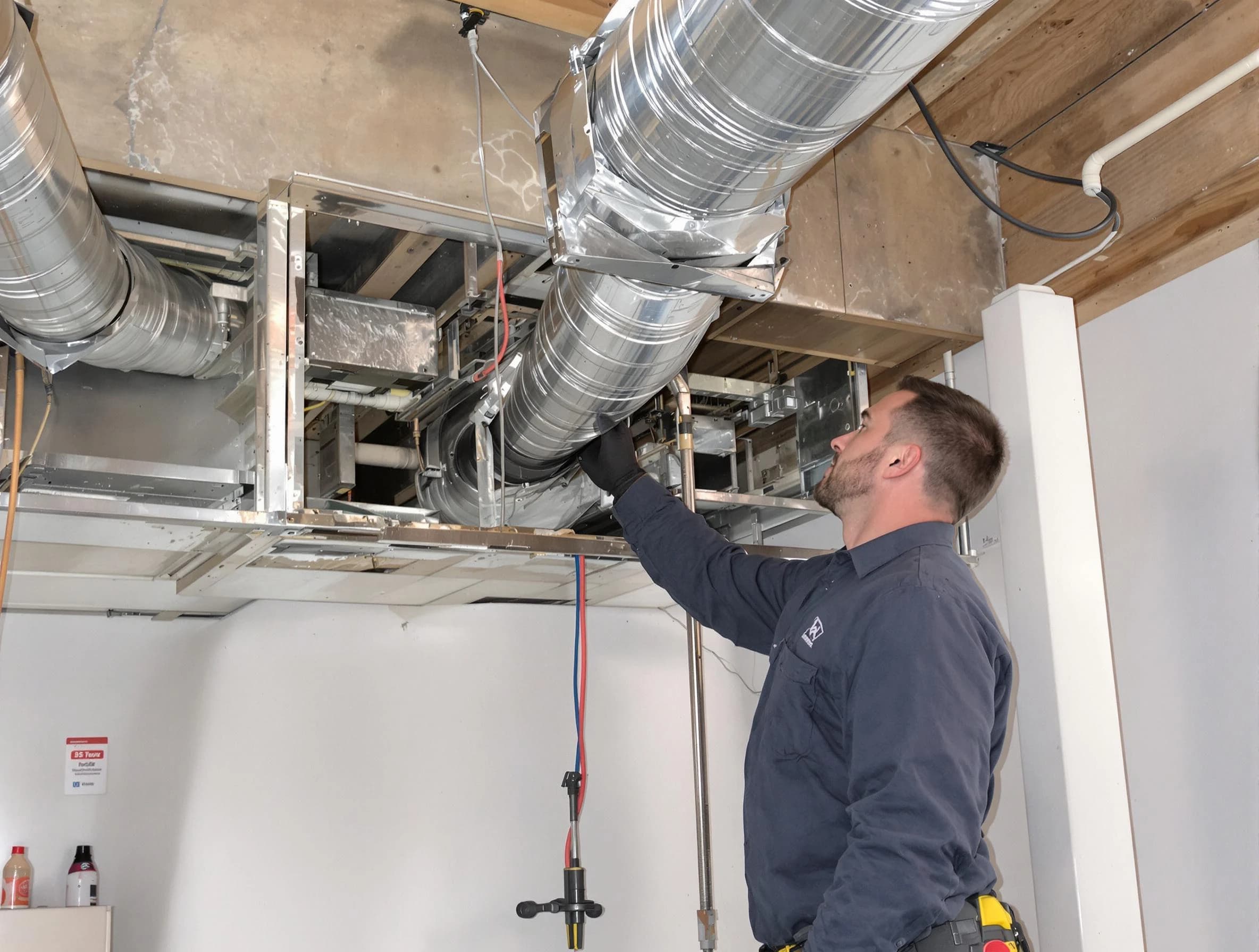 Hueytown Air Duct Cleaning technician performing professional air duct repair using specialized tools in Hueytown