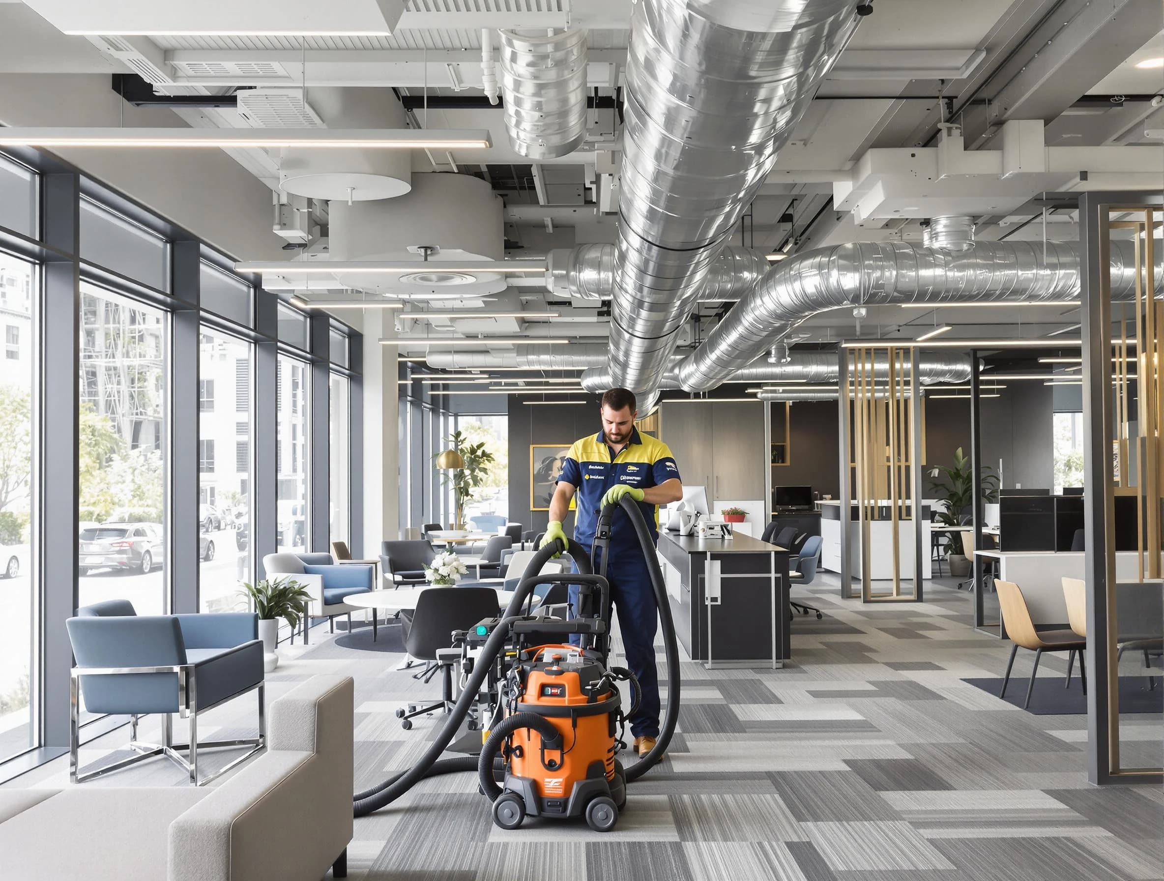 Hueytown Air Duct Cleaning team performing thorough commercial duct cleaning at a Hueytown business center